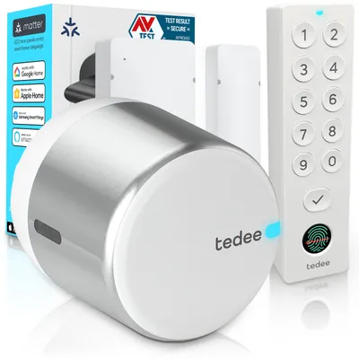 Obrázek produktu pro Tedee GO2 Alu s Keypad PRO a senzorem dveří – Chytrý zámek, otisk prstu, PIN kód, bezpečné zamykání, bezklíčový vstup, Matter, Apple HomeKit, Alexa