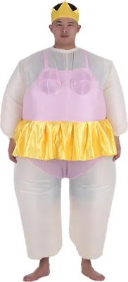 A person wearing an inflatable ballerina costume with a crown.