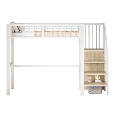 Produktbild von MODFU Hochbetten 90x200cm mit Schreibtisch, Etagenbett Einzelbett Jugendbett mit Rausfallschutz(Ohne Matratze),Weiß