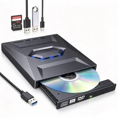 Produktbild von 7-in-1 Externes DVD Laufwerk mit CD/DVD Brenner, USB 3.0 und USB-C, SD-Kartenleser und USB-Hub, 15,5 x 14,3 x 2,3 cm, Schwarz