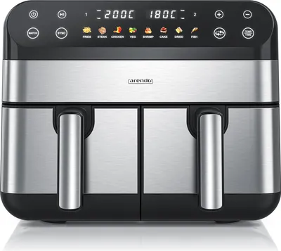 A front view of a dual-chamber air fryer on a white background.