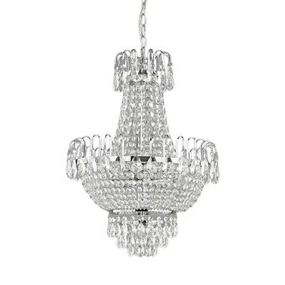 A crystal chandelier hanging against a white background.