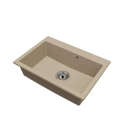 A single beige kitchen sink with a silver drain and faucet base, isolated on a white background.