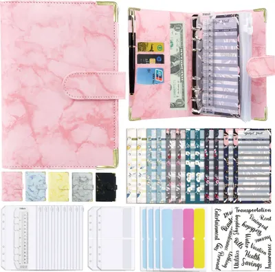 Immagine prodotto di Taccuino A6 Binder Budget: agenda per la gestione del budget con foglio di bilancio Binder, adesivo in inglese, righello, portamonete, tasca con cerniera ed etichetta, rosa