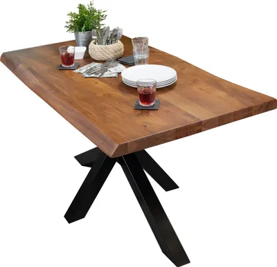 Produktbild von Esstisch Baumkante massiv Akazie Nussbaum 140 x 80 Spider-Gestell schwarz CALI