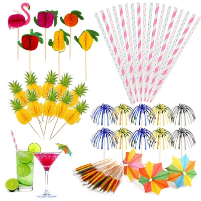 Cocktail-Dekoration 120-teilig, bunt, Papier/Holz, 10-20 cm
