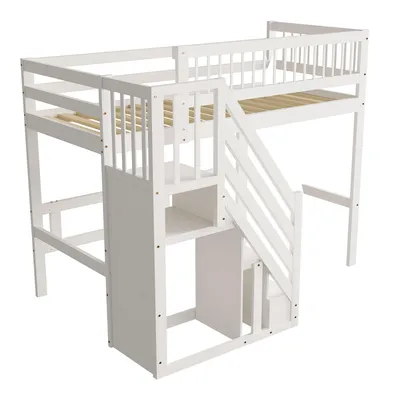 Produktbild von Merax Etagenbett 90x200cm mit Treppe und Stauraum, Hochbett mit Rausfallschutz und Lattenrost,Einzelbett Kinderbett Holzbett Jugendbett Stockbett,Weiß