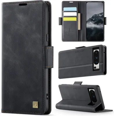 Image de Étui en cuir pour Google Pixel 8 Pro, protection RFID, fermeture magnétique, fentes pour cartes et support Noir