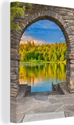 Produktbild von OneMillionCanvasses® - Leinwandbilder - 90x140 cm, Bäume - Wald - Wasser - Aussicht, - Geöffnetes Fenster - Fensterblick Schlafzimmer Kunstdruck Wanddekoration - Foto auf Leinwand - Gemälde auf Holzrahmen  - Wandschmucke - Schlafzimmer