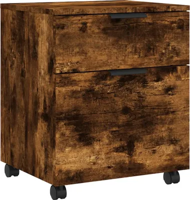 A mobile filing cabinet with two drawers and wheels, presented against a white background.