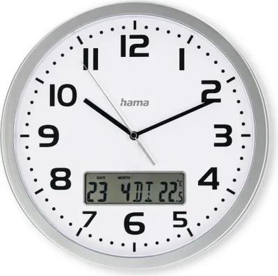 A white analog clock with a digital display showing the date and temperature, set against a white background.