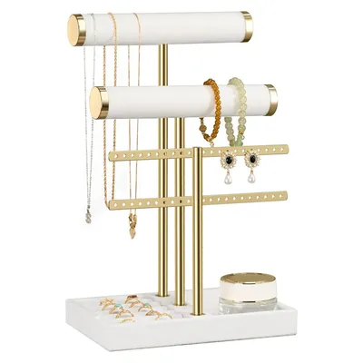 Produktbild von Vierstöckiger Schmuckständer, abnehmbarer Armbandständer und Ständer, weißer Samt-Schmuckständer, geeignet für Uhren, Schmuck