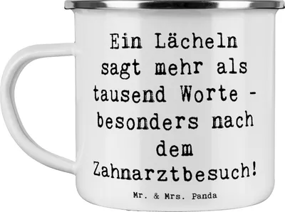 Produktbild von Mr. & Mrs. Panda Emaille Tasse Spruch Zahnärztin Lächeln - Weiß - Geschenk, Beruf, Zahnbehandlung, handgefertigte Geschenke, Berufe, Teetasse, Geschenkidee, Pott, Freude