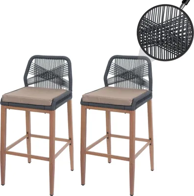 Produktbild von 2er-Set Rope-Barhocker HWC-O21, Outdoor Sitzpolster Seilgeflecht Metall Holz-Optik  anthrazit, Kissen taupe