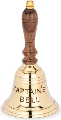 Produktbild von 17cm Tischglocke CAPTAIN'S BELL aus messing massiv gold Handglocke mit Holzgriff