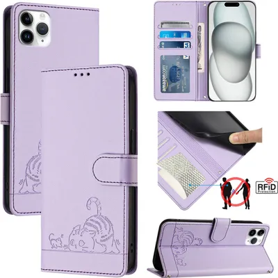 Produktbild von Leder Hülle für iPhone 11 Pro Max Süße Katze Flip Case Brieftasche Schutzhülle mit Standfunktion Lila