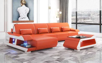 Image de Canapé D'Angle En Cuir De Forme L Orange De Luxe Moderne