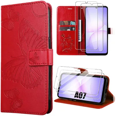 Image de Coque + 2 Verres Trempés pour Samsung Galaxy A07, Protection Anti-Rayures Cuir Synthétique Rouge Motif Papillon