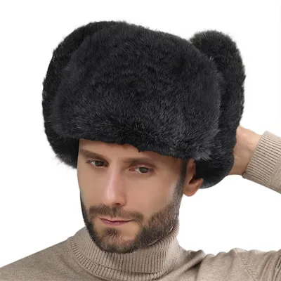 Produktbild von Russische Mütze Herren Winter Faux Kaninchenfell mit Ohrenklappen & Mundabdeckung Schwarz