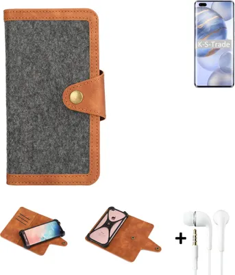 Produktbild von K-S-Trade Handyhülle + Kopfhörer kompatibel mit Huawei Honor 30 Pro+ Schutzhülle Filzhülle Kunstleder dunkelgrau braun (1x)