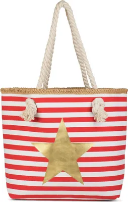 Produktbild von styleBREAKER Gestreifte Strandtasche mit Metallic Stern Print | Damen Shopper mit Kordelhenkeln und Reißverschluss | Badetasche im maritimen Look | 45 x 33 x 15 cm