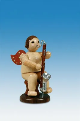 Produktbild von Holzfigur Musikantenengel mit Bassklarinette sitzend mit Krone natur Höhe 6,5cm NEU