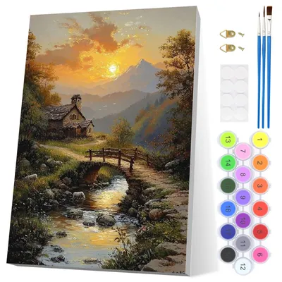 Produktbild von Malen nach Zahlen Set - Landschaft mit Sonnenuntergang - DIY Ölgemälde mit Rahmen, 3 Pinseln und Acrylfarben auf knitterfreier Leinwand