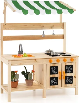Immagine prodotto di COSTWAY Kids cucina di fango all'aperto, cucina per bambini in legno d'abete con tetto, lavello estraibile, 4 piastre e lavagne, cucina da gioco per bambini 3+