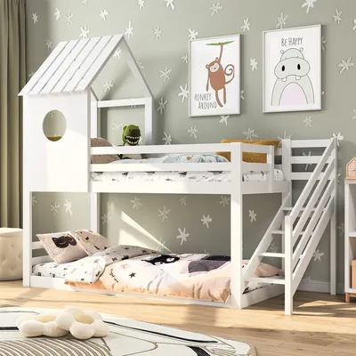Immagine prodotto di Letto a castello 90x200cm, letto a castello con ringhiera, a forma di tetto, letto in legno massiccio con rete a doghe per 2 persone, bianco