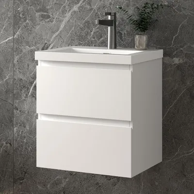 Produktbild von 50 cm Badmöbel-Set Unterschrank mit Rechteckiges Waschbecken 2 Schubladen soft-close Weiß Matt Selbstmontierter