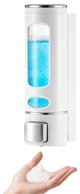 Produktbild von Wandmontierter Seifenspender, 400 ml, kein Bohren erforderlich, gleichmäßige Flüssigkeitsabgabe, Shampoo-/Duschgelspender für Shampoo, Spülung, Duschgel und Flüssigseife (weiß)