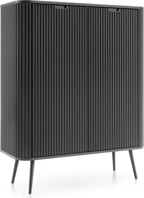 Produktbild von Hohe Kommode Porto 103 cm Schwarz Zweitürig mit Gerillten Fronten auf Schwarzen Metallfüßen