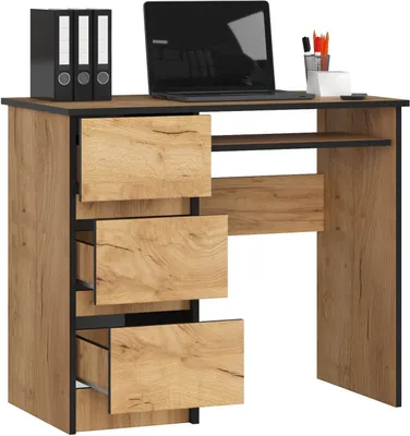 A desk with drawers and a laptop on top, set against a white background.
