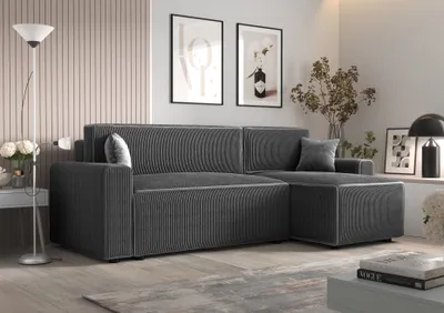 Produktbild von Ecksofa Alvito BIS, Farbe: Grau. Material: Kord. A: B: 252 cm,H: 85 cm,, Länge: 140 cm, Eckcouch, Schlafcouch, Sofa bed, Schlafsofa