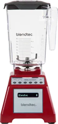 A red Blendtec Total Blender is shown against a white background.