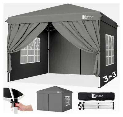 Produktbild von Wasserdichter Pavillon 3x3 m stabil und winterfest mit 4 Seitenwänden, Faltpavillon für Garten, Camping und Festivals (Grau, mit Seitenwänden)