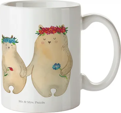 Produktbild von Mr. & Mrs. Panda Kaffeetasse Bären mit Blumenkranz - Weiß - Geschenk, Mutter, Tasse, Keramiktasse, Kinder, Family, Beste Freundin, cappuccinotasse, Mama, Muttertag