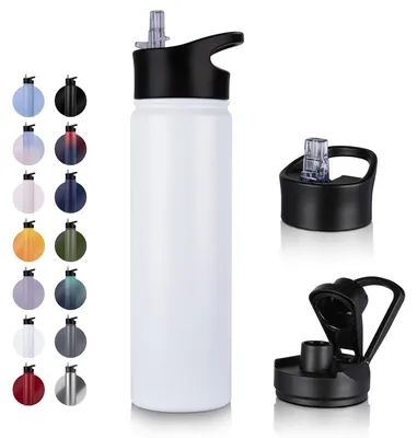 Obrázek produktu pro Omgoods – Izolovaná láhev na vodu – 750 ml s dvěma víčky (brčkem a hubičkou) – nerezová ocel, dvojitá stěna, bez BPA