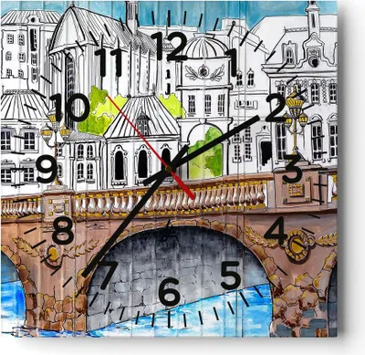 Produktbild von Wanduhr - Quadrat - Glasuhr - Frankreich brücke zeichnung - 40x40cm - Schleichendes Uhrwerk - Lautlos - zum Aufhängen bereit - Dekoration Modern - Wanddekoration aus Glas - C4AC40x40-2826