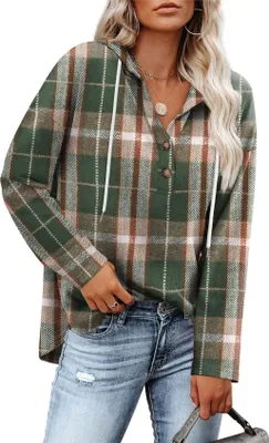 Produktbild von ASKSA Damen Kapuzenpullover V-Ausschnitt Kariertes Knopfleiste Leichter Lockere Langarm Hoodie Sweatshirt (Gruen,XXL)