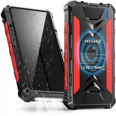 Produktbild von Feegar Solar Powerbank, 36000mah Wireless Power Bank Solarzelle, PD20W Solar Ladegerät mit USB A/C Quick Charge, 4 Outputs und Campinglicht, Kompatibe
