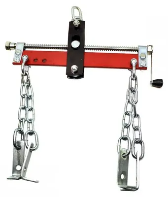 Obrázok produktu pre Zdvihák na motory, nosnosť 680 kg, odolná oceľ, rozmery 22 x 28 x 89,5 cm, nastaviteľný sklon pre necentrické zaťaženie, kompatibilný s dielenskými žeriavmi a vysokozdvižnými vozíkmi