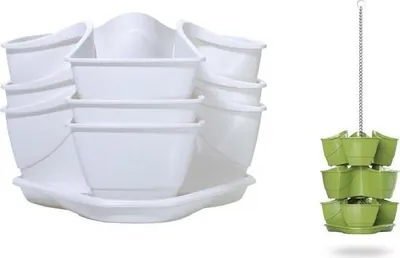 Two different configurations of a stacking planter are shown against a white background.