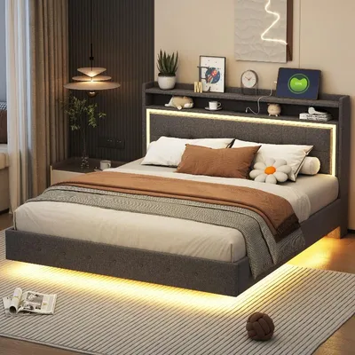 Produktbild von Polsterbett 160x200cm mit USB-Steckdose und LED-Beleuchtung, graues Polsterbett aus Leinenstoff mit Kopfteilablage und versteckten Füßen