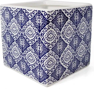 Zdjęcie produktu dla Ceramiczne doniczki w kształcie sześcianu 12 x 12 x 12 cm, niebiesko-białe
