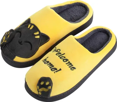 Produktbild von Kuschelige Plüsch Hausschuhe, Pantoffeln, Tier-Schlappen für Damen, Mädchen | 36/37 EU | Katze Schwarz Gelb
