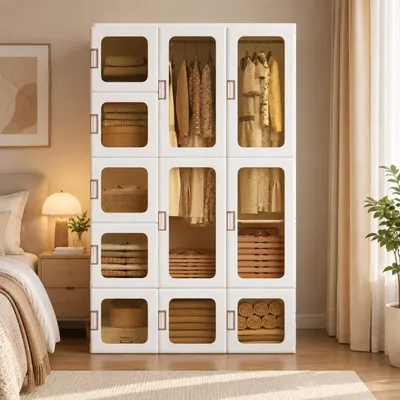 Productafbeelding van INONEFT Draagbare garderobe van kunststof, kledingkast voor de slaapkamer met 11 magnetische deuren, 2 kledingroedes en 15 vakken, 104x50x170 cm