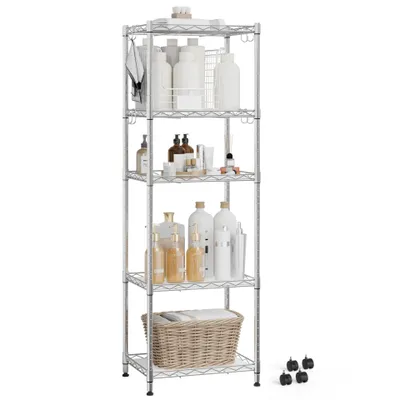 Produktbild von Mondeer Regal Aufbewahrungsregal 5-Stufiges, mit 8-Haken und 4-Rädern, PP-Trennwand, Silber