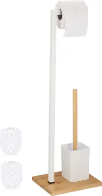 Produktbild von Relaxdays WC Garnitur, stehender Klopapierhalter, Toilettenbürste mit Bürstenhalter, Edelstahl & Bambus, weiß/natur