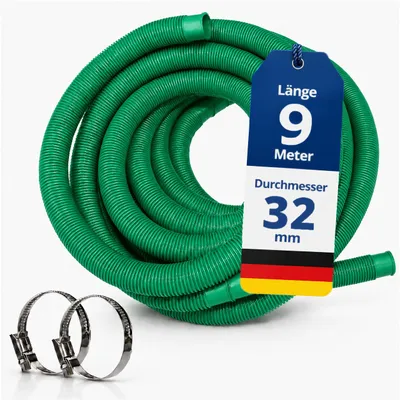 Produktbild von HAF Hochwertiger Pool Schwimmbadschlauch 32mm Grün 9 Meter | Poolschlauch für Garten & Schwimmbad | Solarschlauch + 2x Edelstahl Schlauchschellen